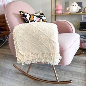 Vtg Handmade Diamond Crochet Ivory Cream Fringe Throw Blanket Afghan 52 x 76.5in